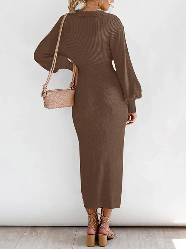 Womens Knit  V Neck Tunic Long Sleeve Fall Sweater Dresses