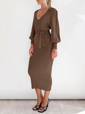 Womens Knit  V Neck Tunic Long Sleeve Fall Sweater Dresses