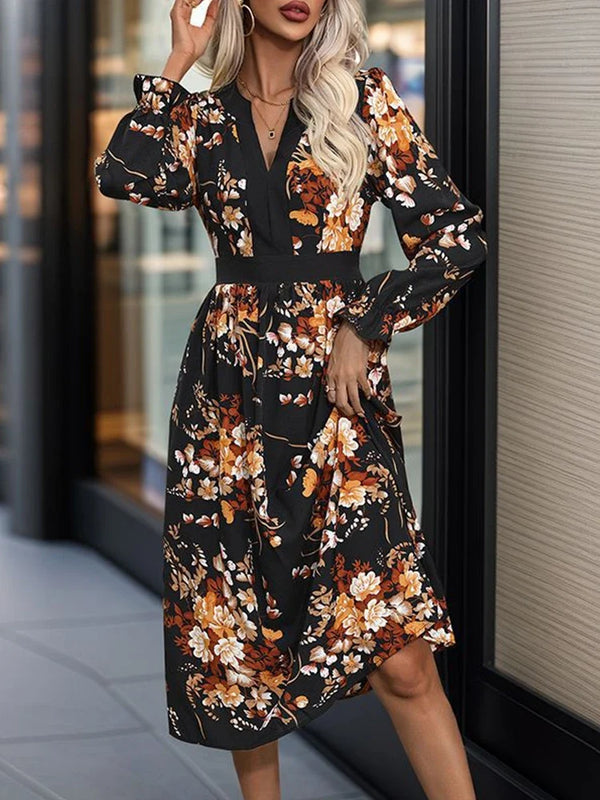 Womens Fall Trendy A-Line V Neck Floral Midi Dress