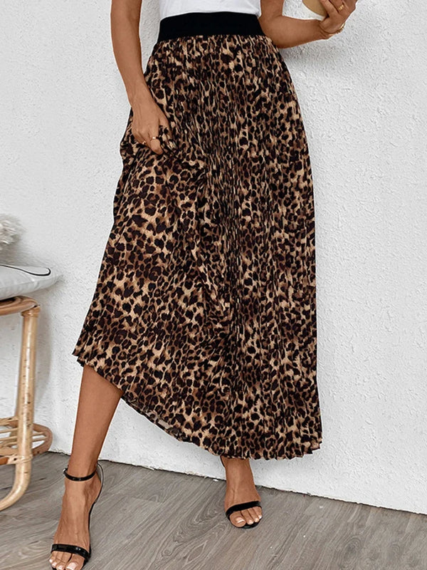 Womens Leopard Print Midi Long Shirring Pleated Skirts