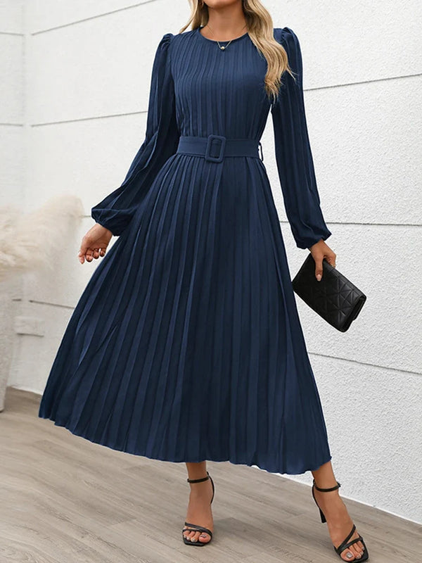 Womens Pleated A Line Flowy Long Sleeve Fall Dress