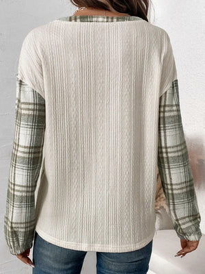 Women’s Henley Sweatshirt, Long Sleeve Pullover, 65% Cotton Plaid Patchwork Top