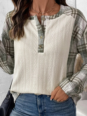 Women’s Henley Sweatshirt, Long Sleeve Pullover, 65% Cotton Plaid Patchwork Top