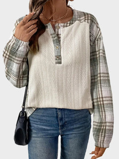 Women’s Henley Sweatshirt, Long Sleeve Pullover, 65% Cotton Plaid Patchwork Top