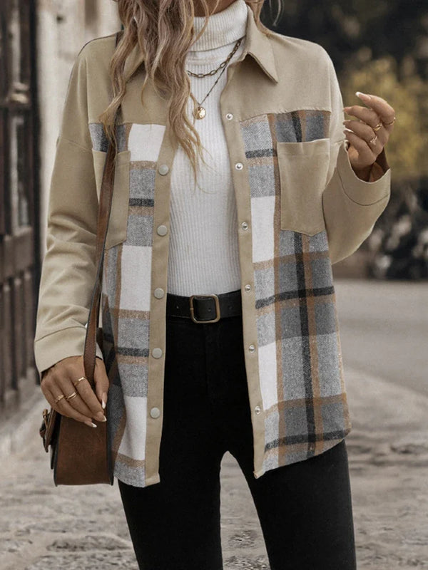 Women's retro-style collared pocket plaid shirt