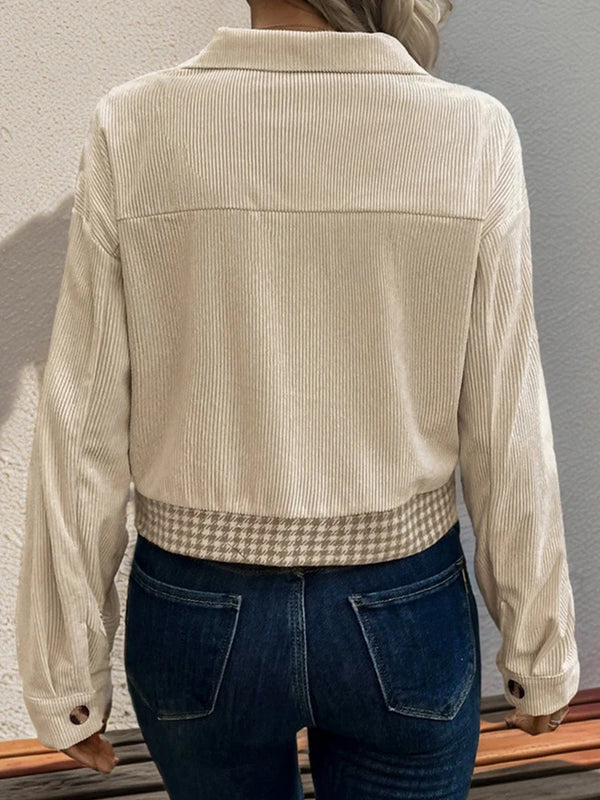 Womens Fall Cropped Corduroy JacketsHoundstooth Coat with Pocket