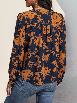 Women's V Neck  Floral Print Pullover Pleated Blouse