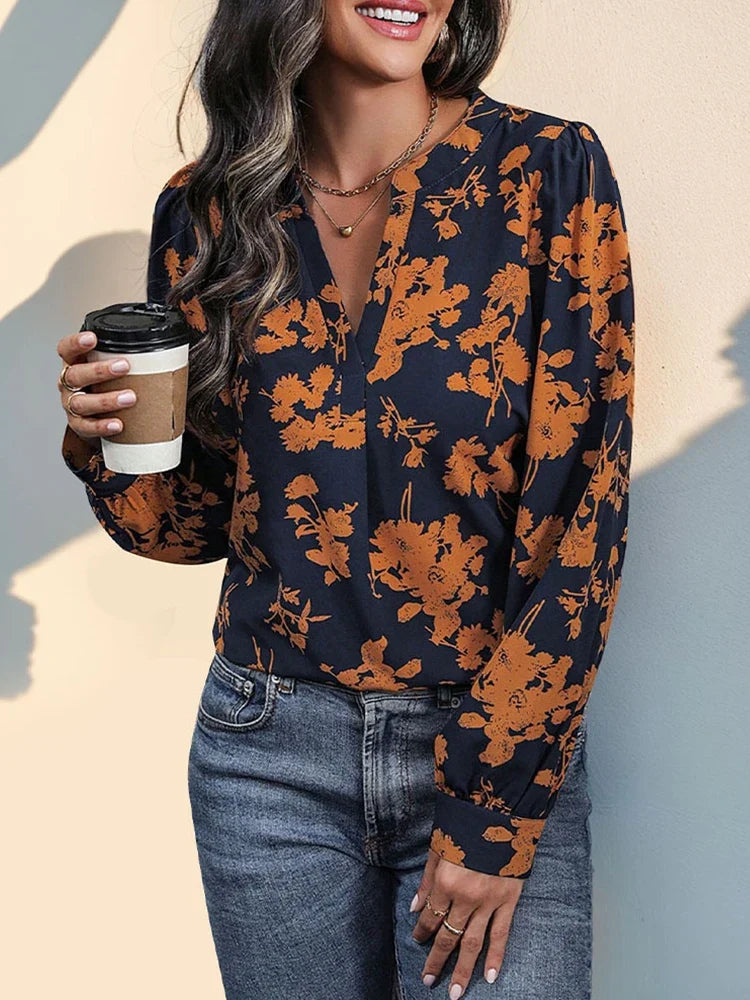 Women's V Neck  Floral Print Pullover Pleated Blouse