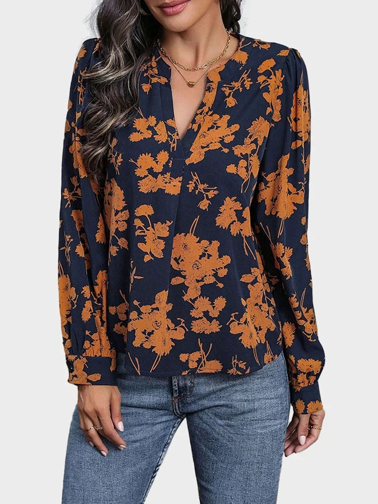 Women's V Neck  Floral Print Pullover Pleated Blouse