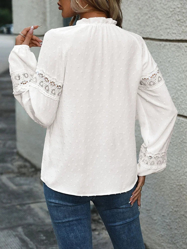 Women's Frill Mock Neck Self Tie Shirred Ruffle Long Sleeve Blouse
