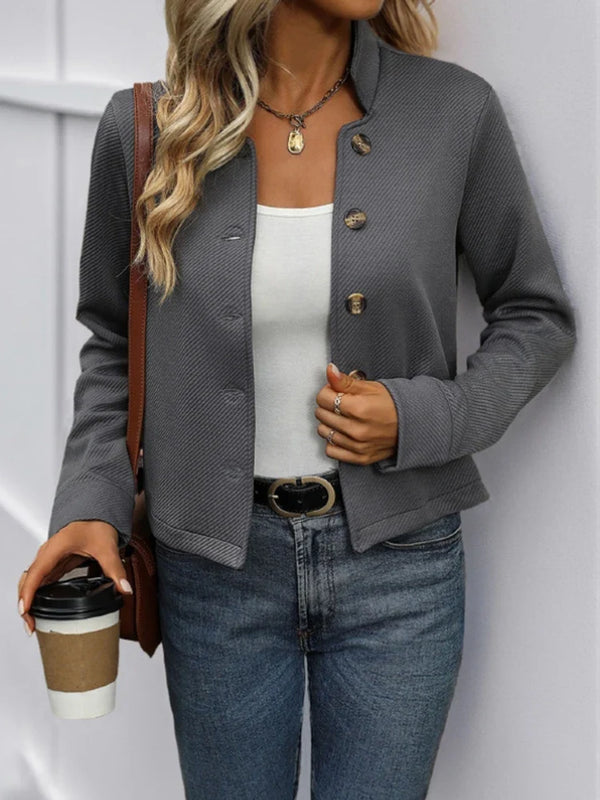 Women's Stand Collar Jacket Pocket Single Breasted Short Coat