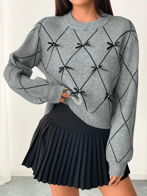 Women's Bow Sweater Christmas Knit Crewneck Pullovers