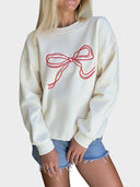 Women Bow Crewneck Long Sleeve Pullover Sweatshirt