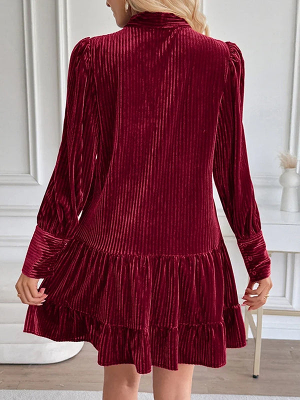 Women's Velvet Bow Tie Neck Long Sleeve Ruffle A-Line Mini Dress