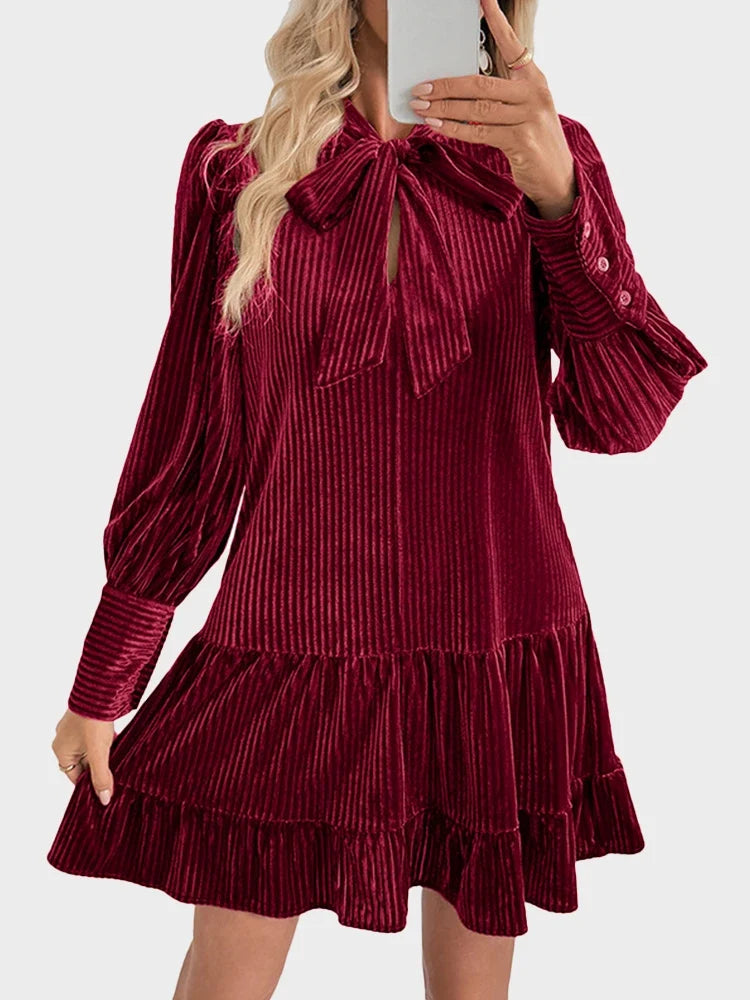 Women's Velvet Bow Tie Neck Long Sleeve Ruffle A-Line Mini Dress