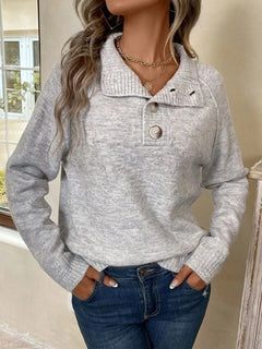 Button-Front Stand Collar Sweater