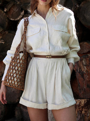 Women's Linen-Blend Long Sleeve Jumpsuit