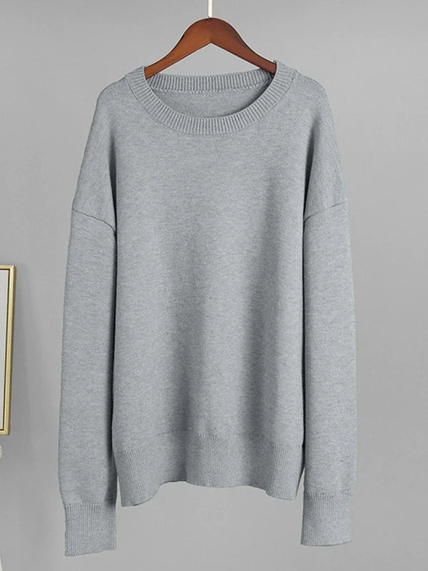 Women‘s Solid Color Round Neck Knit Sweater