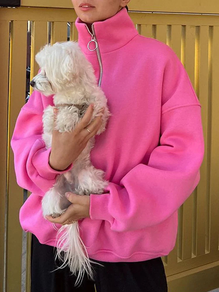Women's Trendy Oversized Zip-Up Collared Sweatshirt