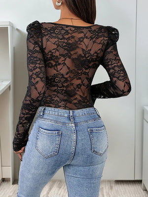 Women's Lace Sheer Long Sleeve Corset Bodysuit Sweetheart Neck Party Club Leotard