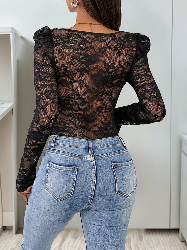 Women's Lace Sheer Long Sleeve Corset Bodysuit Sweetheart Neck Party Club Leotard