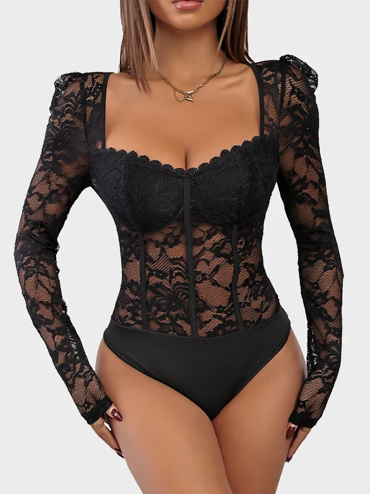 Women's Lace Sheer Long Sleeve Corset Bodysuit Sweetheart Neck Party Club Leotard