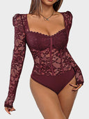 Women's Lace Sheer Long Sleeve Corset Bodysuit Sweetheart Neck Party Club Leotard