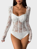 Women's Lace Sheer Long Sleeve Corset Bodysuit Sweetheart Neck Party Club Leotard