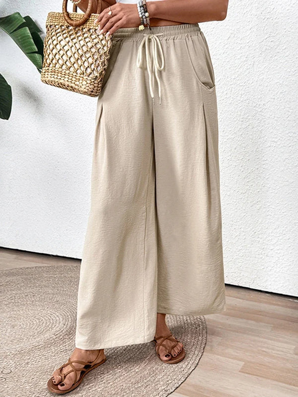 Women Flowy Pants Drawstring Waist Wide Leg with Pockets