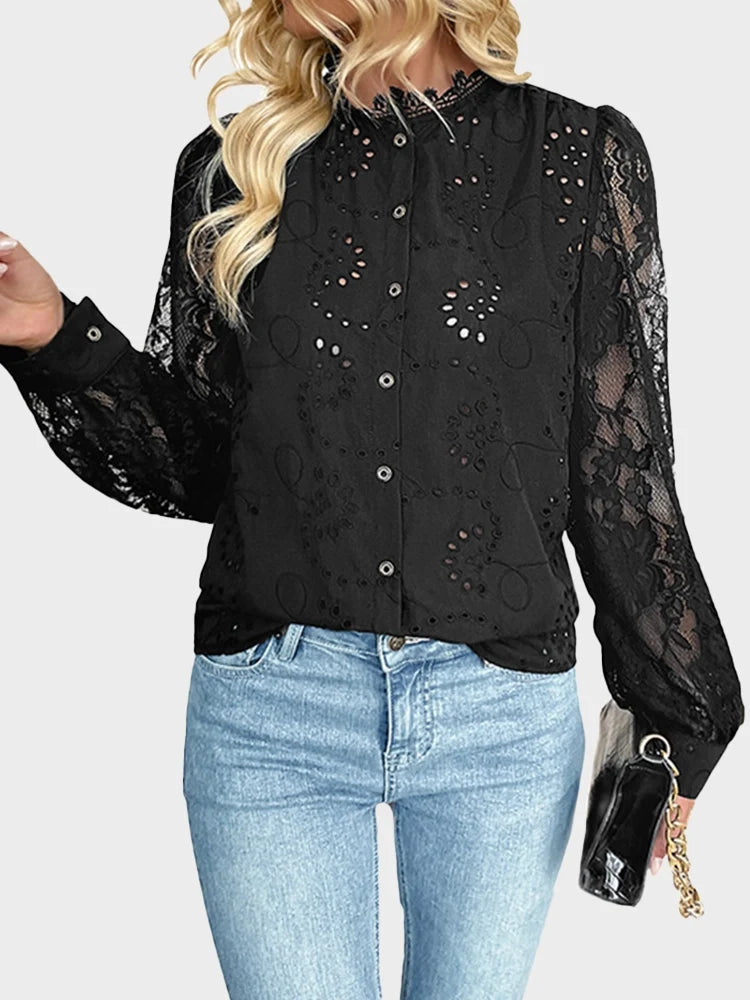 Womens Lace Tops Sheer Long Sleeve Blouses