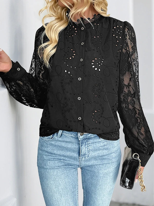 Womens Lace Tops Sheer Long Sleeve Blouses