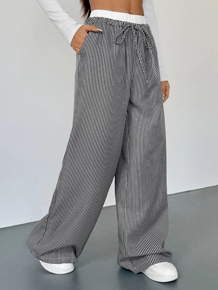 Women's Striped High Waist Wide Leg Pants Loose Color Block Straight Leg Suit Trousers