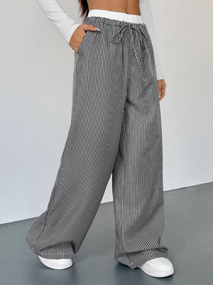 Women's Striped High Waist Wide Leg Pants Loose Color Block Straight Leg Suit Trousers
