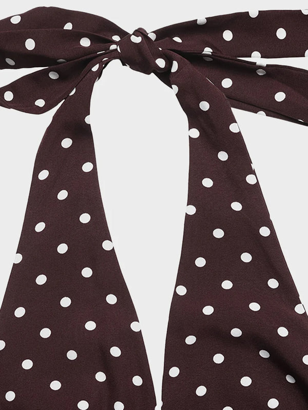Polka Dot Satin Halter Dress – V-Neck A-Line Silhouette