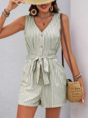 Women's Striped Wrap V Neck Tie Waist Spaghetti Strap Gym Shorts