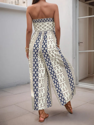 Sleeveless Back Tie Abstract Print Wide Leg Jumpsuit