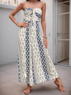 Sleeveless Back Tie Abstract Print Wide Leg Jumpsuit