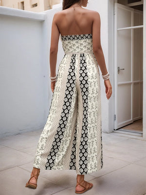 Sleeveless Back Tie Abstract Print Wide Leg Jumpsuit