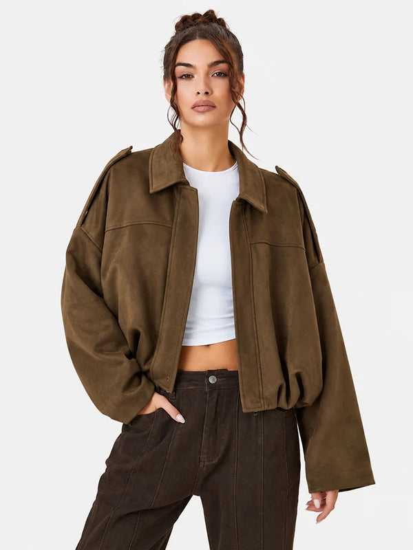 Women's Vintage Collared Zip Up Jacket Oversized Casual Outerwear