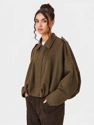Women's Vintage Collared Zip Up Jacket Oversized Casual Outerwear