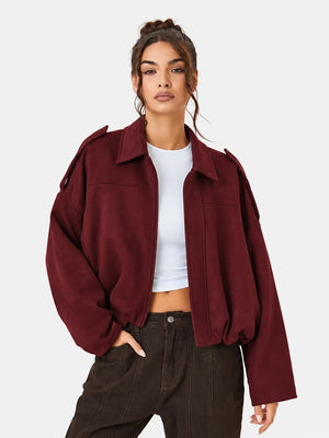 Women's Vintage Collared Zip Up Jacket Oversized Casual Outerwear