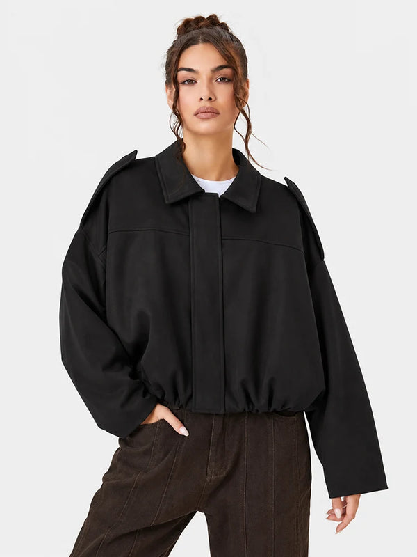 Women's Vintage Collared Zip Up Jacket Oversized Casual Outerwear