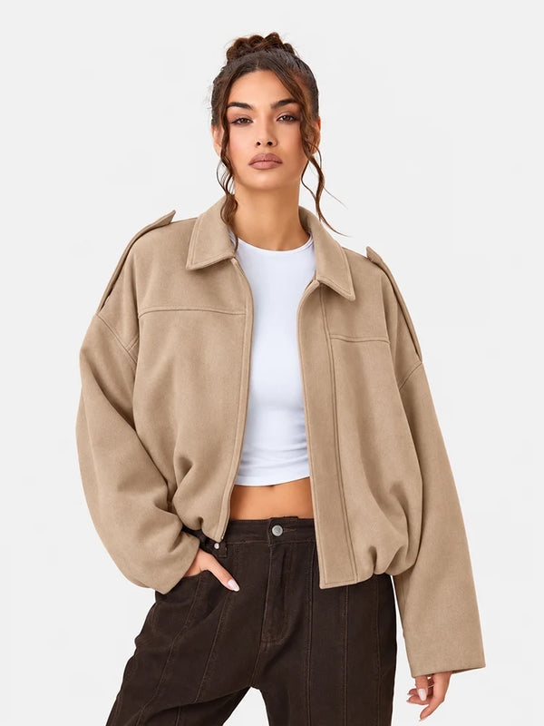 Women's Vintage Collared Zip Up Jacket Oversized Casual Outerwear