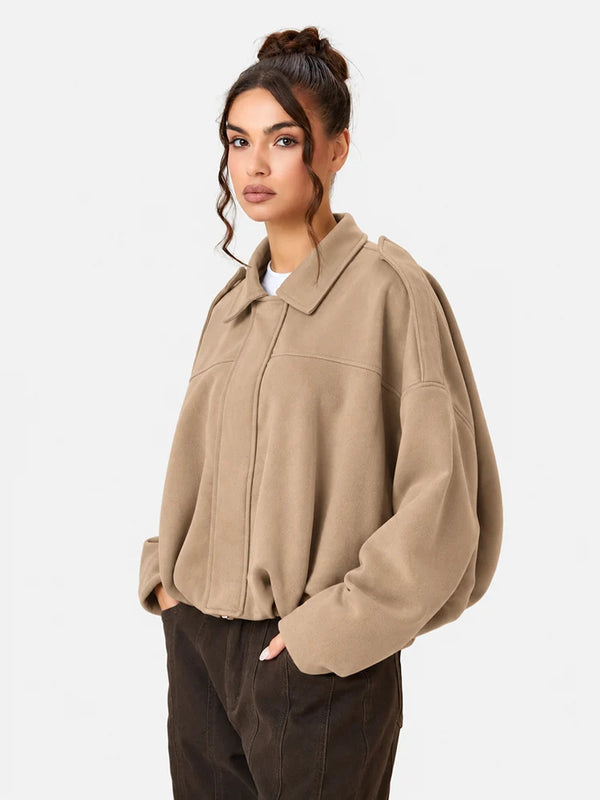 Women's Vintage Collared Zip Up Jacket Oversized Casual Outerwear