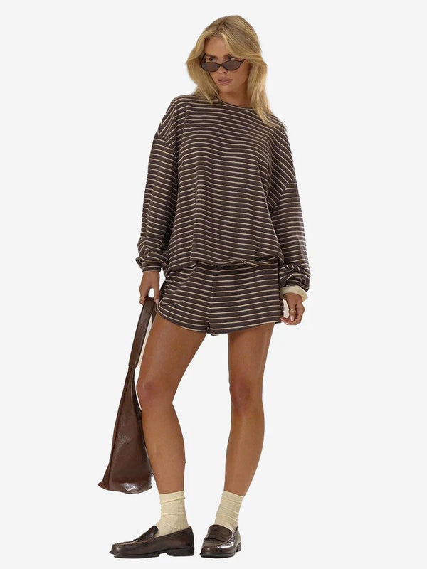 Women’s Cozy Striped Lounge Set – Loose Fit Long Sleeve Top & Shorts