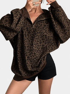 Oversized Leopard Half Zip Drop Shoulder Sweatshirt