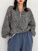 Oversized Leopard Half Zip Drop Shoulder Sweatshirt