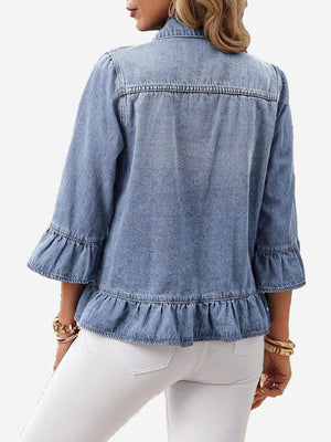 Women’s Vintage Ruffle Denim Jacket – Washed Cropped Long Sleeve Jean Jacket