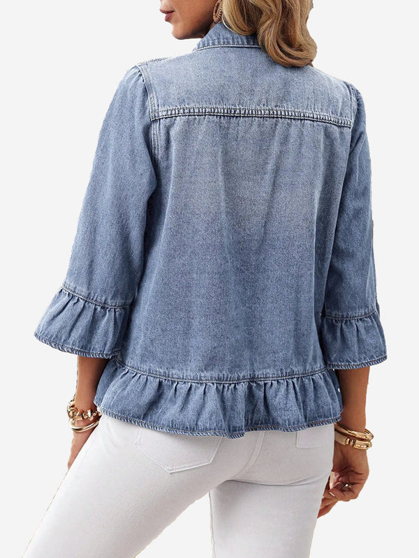Women’s Vintage Ruffle Denim Jacket – Washed Cropped Long Sleeve Jean Jacket