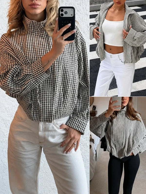 Gingham Cropped Zip-Up Jacket